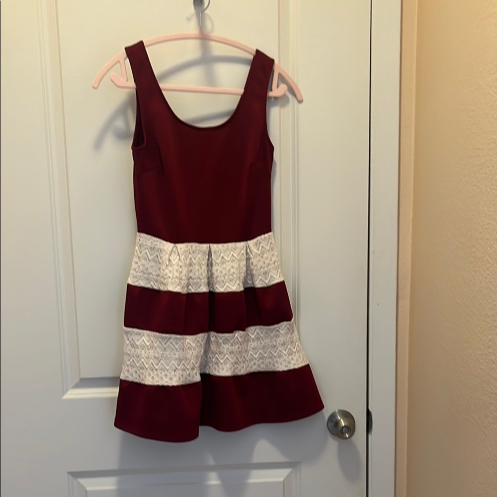 Asymmetrical Red and Cream Fit and Flare Mini Dress